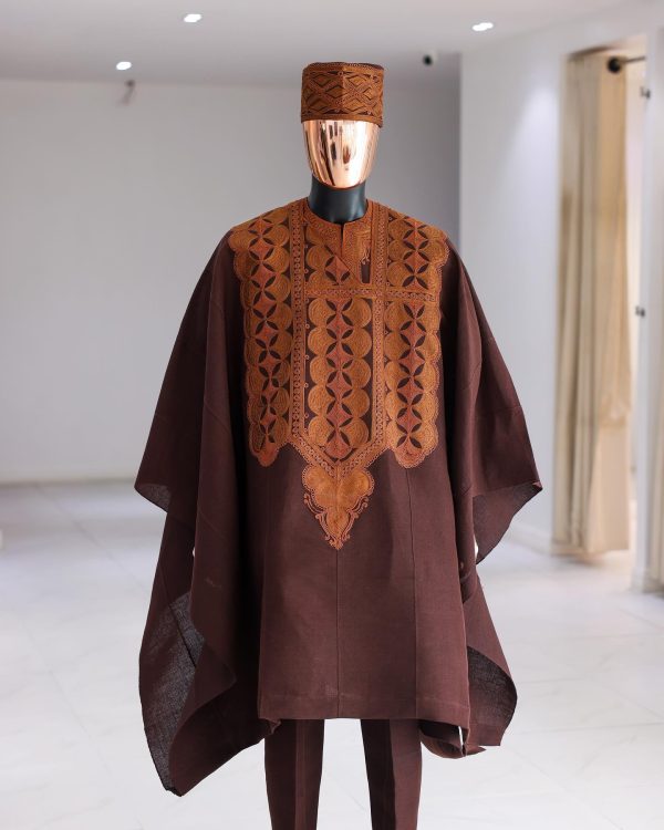 Shop Chocolate brown, Arewa embroidery, traditional Agbada - Deji & Kola